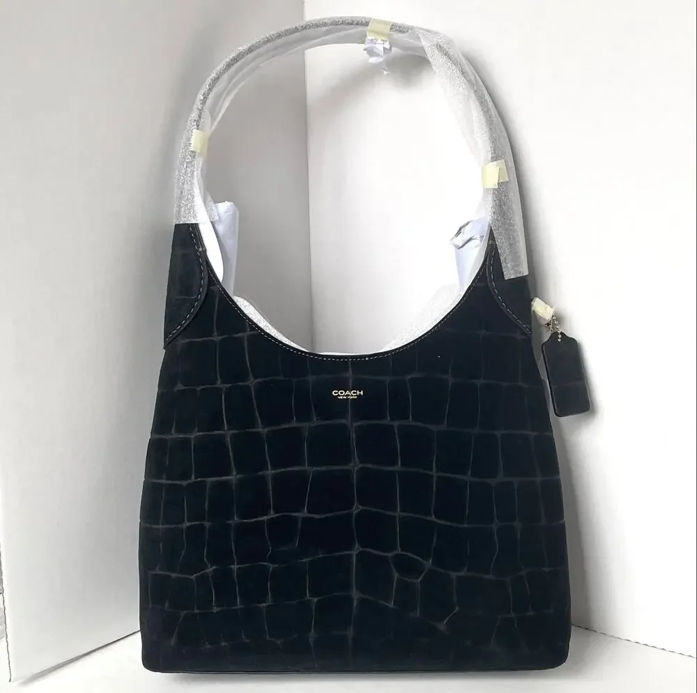 Coach Brooklyn 28 Black Croc-Embossed Suede Hobo Bag